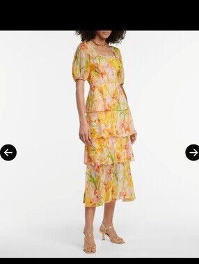 Marchesa Yellow and Pink Floral Tiered Midi Dress Size 12